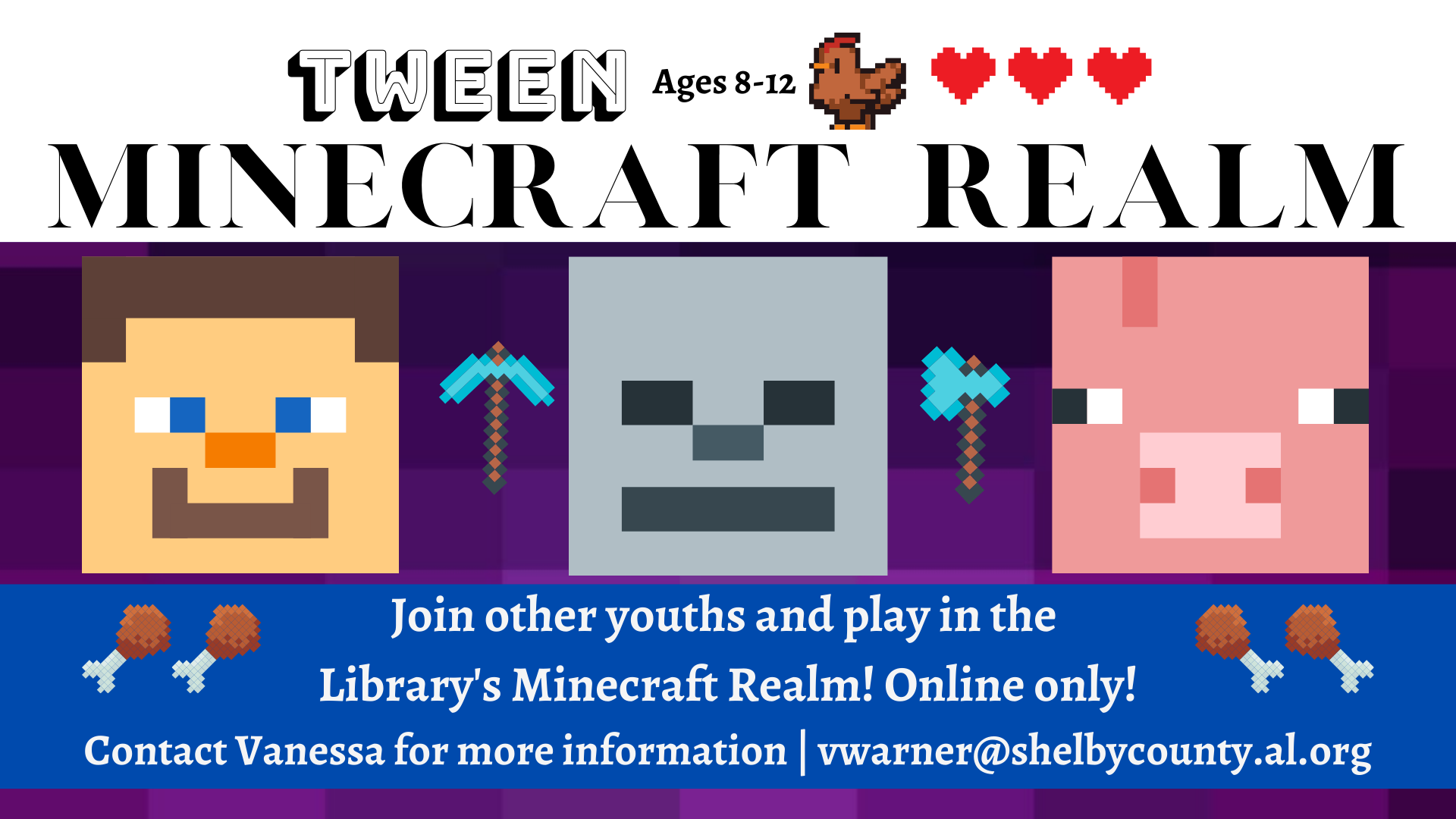 Image advertising the Tween Minecraft Realm featuring the faces of Steve, a Skeleton, and a Pig.