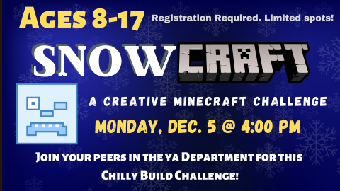 Flyer for Snowcraft Program with text, blue background, and a snowy block face.