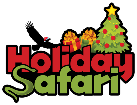 Red and Green Holiday Safari Logo with Christmas tree, presents and animal graphics 