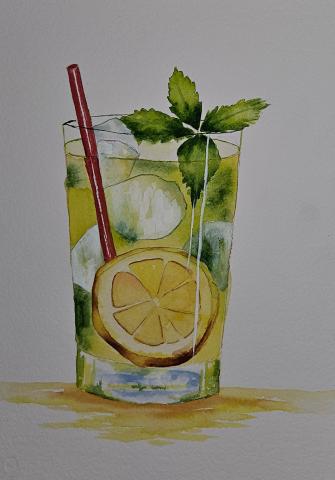a watercolor of a beverage with a lemon