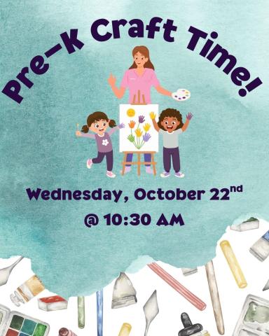 An image of an art teacher and two young children painting is shown and above the image is the text: "Pre-K Craft Time!" 