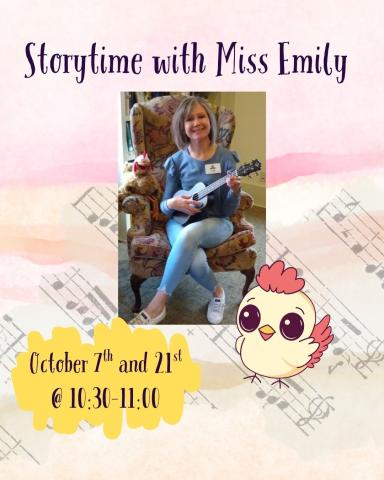 A picture of Miss Emily holding a Ukulele with a watercolor background as well as a background of sheet music. 