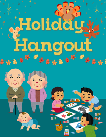 Infographic of children and family participating in various coloring and crafting activities. "Holiday Hangout" is written across the top as well. 