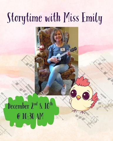 A picture of Miss Emily holding a Ukulele with a watercolor background as well as a background of sheet music. 