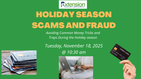 A photo that says Holiday Season Scams and Fraud. Date and time November 18 at 10:30  pictures of credit cards for effect. 