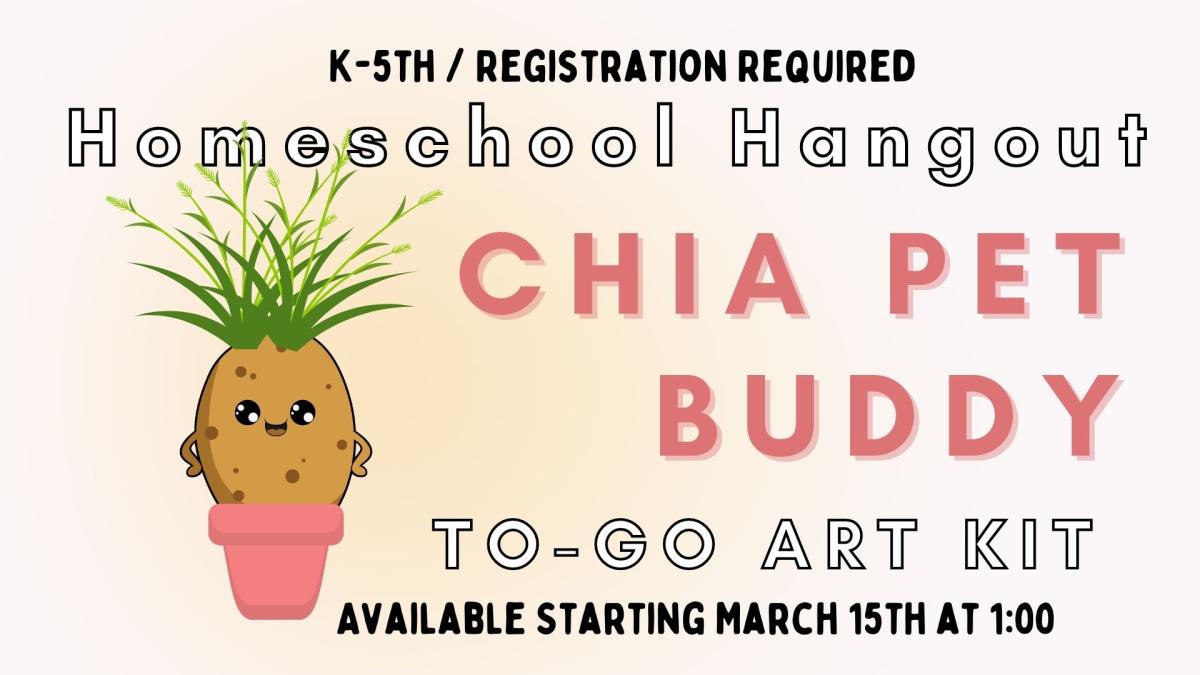 Graphic shows a stocking ball with grass growing from the top and a smile face on the side, sitting in a small pot.   Text reads : HOmeschool Hangout Art Kit to Go: Chia Pet Buddy.  