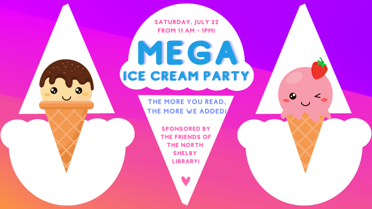 Graphics of a smiling vanilla ice cream cone with chocolate syrup on the left and a winking strawberry ice cream cone with a strawberry on top on the right against a purple-to-pink gradient background. Text in the middle is information about our Mega Ice Cream Party on July 22.