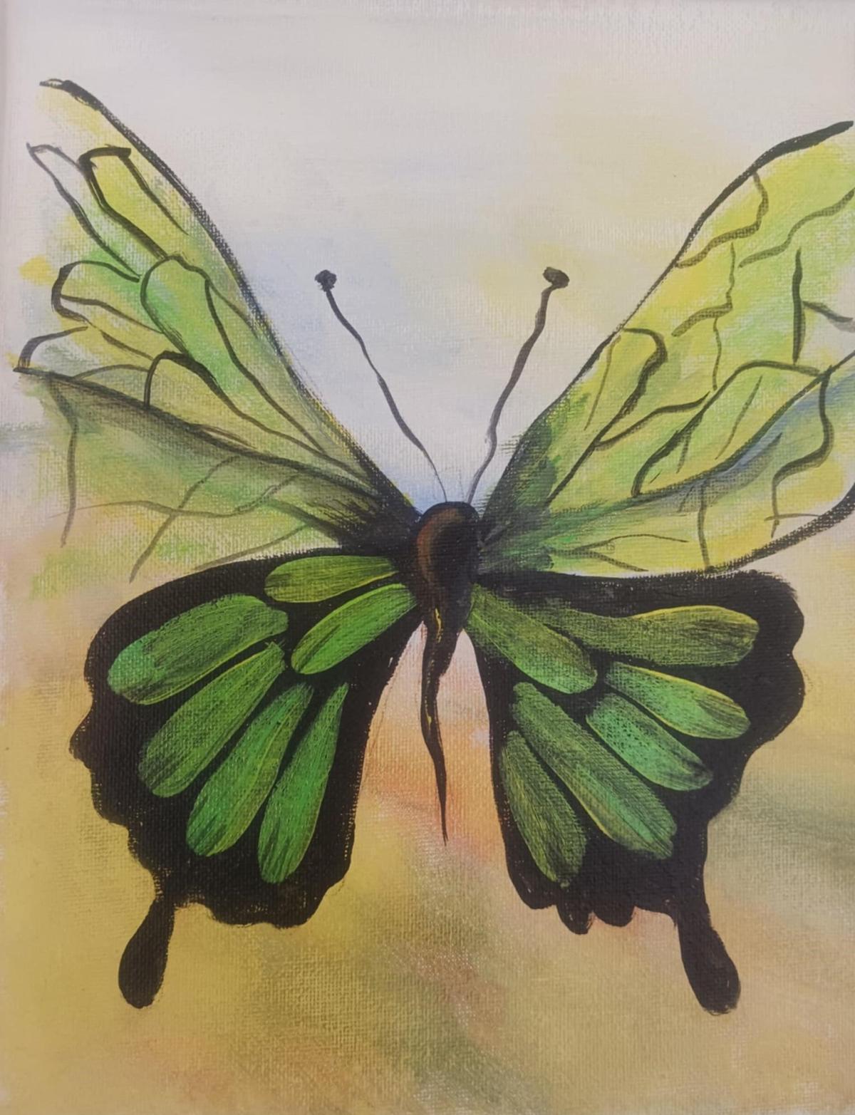 Painting of a green and black butterfly.