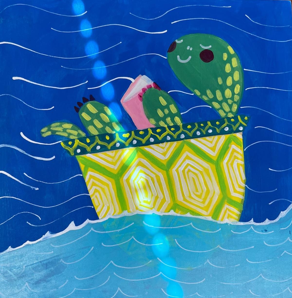 Painting of a turtle swimming and reading