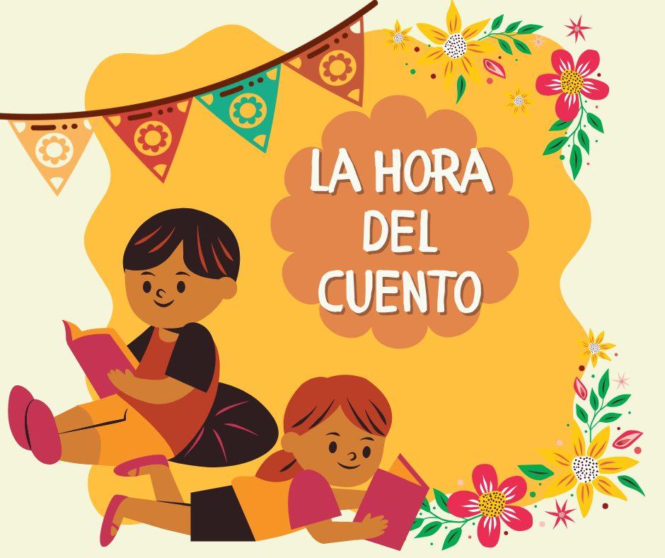 Two kids reading a book and the words La Hora Del Cuento
